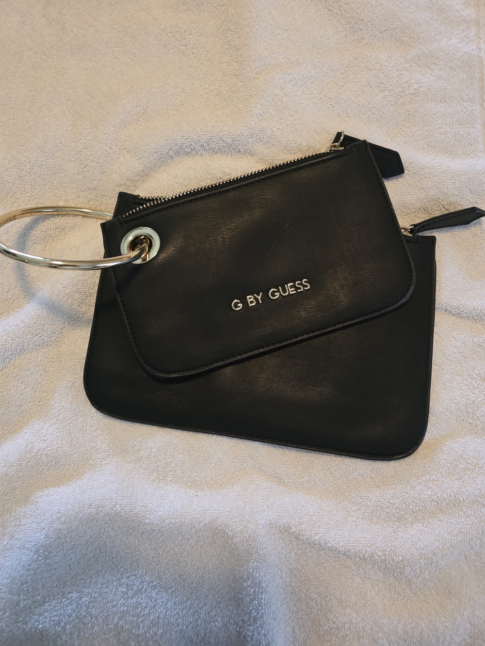 G by Guess Black Double Compartment Wristlet with Gold Ring